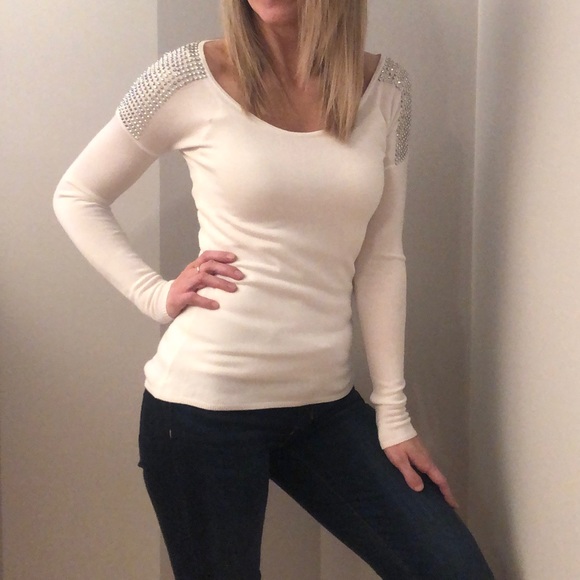 EXPRESS White Classy Rhinestone Long Top - Picture 2 of 7